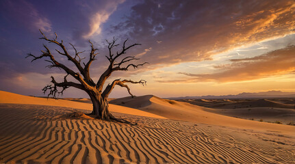 A single tree stands in the foreground of a barren, stark yet mesmerizing desert view, silhouetted by the fading late afternoon sun, with vivid sunset sky colors and clouds.
