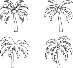 Set of Tropical Black palm trees icons in Outline styles. Palm silhouette for posters, banners and promotional items. Hand-drawn summer elements, vectors linear illustration on transparent background.