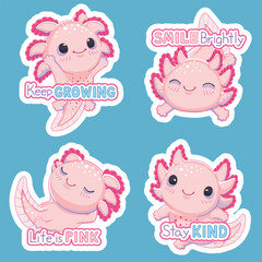 Cute happy kawaii axolotl illustration set with positive messages. Isolated vector designs suitable for stickers and T-shirts.