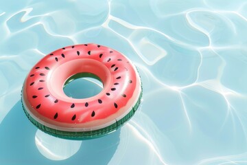 A cute watermelon-shaped pool float floating in a crystal clear swimming pool. Illustration on a clear white background --ar 3:2 --style raw Job ID: 1f94bc53-1af1-4f4d-b382-de24540a8ad1