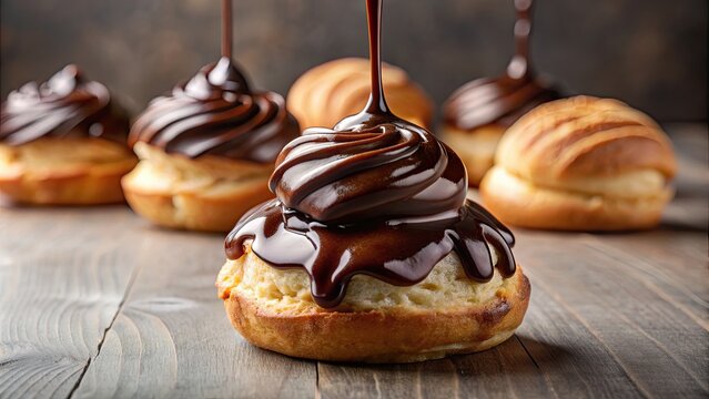 Close-up of chocolate icing being drizzled over a delicious cream puff, chocolate, icing, drizzle, sweet, dessert