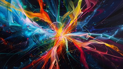 Radiant Connections: Capture an abstract burst of bright, radiating lines and shapes that intertwine, depicting the energy and connections within a thriving community