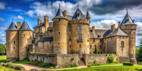 Obraz premium Old castle with stone walls and turrets in a quaint village setting, castle, ancient, historical, medieval, architecture