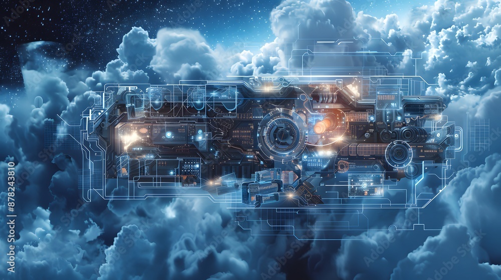 Poster an ethereal blueprint floating in space, depicting electronic products designed with intricate inter