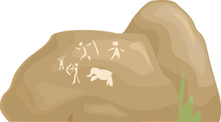 Big brown rock showing ancient cave paintings depicting a hunting scene