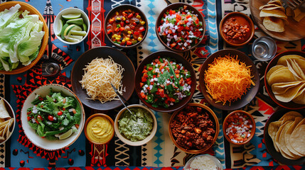 a family-style taco night setup, with various toppings like lettuce, cheese, salsa, and guacamole, all arranged on a colorful tablecloth