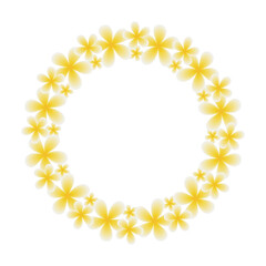 Wreath of Frangipani or plumeria flowers isolated on transparent background. Asian yellow flowers border in a round frame form. Vector illustration.