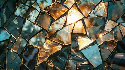 Close-up of broken glass reflecting the setting sun