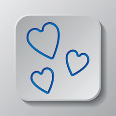 Hearts, love simple icon vector. Flat design. Paper cut design. Cutted blue symbol with shadow. Gray badge button, gray background