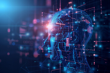 Machine learning and cyber security in the form of human face outline. Big data and AI technology