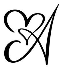 Hand drawn vector calligraphy love letter A. Script capital font logo. Handwritten brush style flourish. Vintage heart monogram. element Valentine flourish. sign for page decoration design