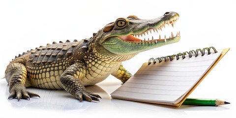 Fototapeta premium A cute crocodile writing notes with a pencil on a notepad, crocodile, note, writing, pencil, notepad, cute, reptile, animal