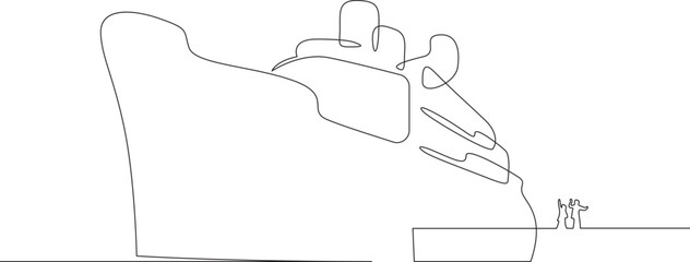 Ship's arrival at the port. Meeting on the pier. The ship is sailing. Sea transport. One continuous line drawing on a white isolated background. Minimalism linear illustration.