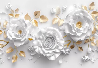 3D white paper roses on a white background, golden leaves, an elegant floral pattern, wall mural, wall art, wall decoration