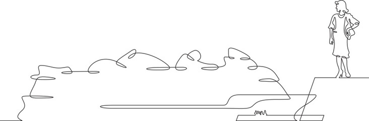 Ship's arrival at the port. Meeting on the pier. The ship is sailing. Sea transport. One continuous line drawing on a white isolated background. Minimalism linear illustration.