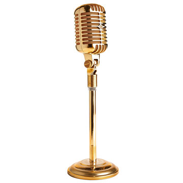 Vintage gold microphone isolated on transparent or white background