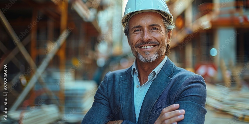 Wall mural a contractor in construction smiles confidently. He is standing with his arms folded in front of a building in construction. He is wearing a formal blue suit and a white helmet.