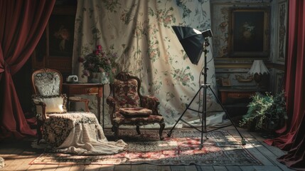 Vintage Photography Studio Setup with Floral Background