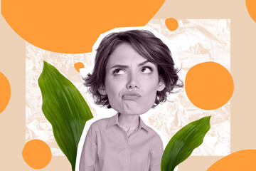 Creative collage minded girl thoughtful woman look stare unsure questioned face expression green leaves environment nature background