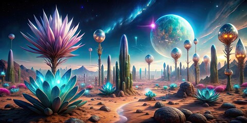 Obraz premium Alien landscape with extraterrestrial plants and glowing crystals, alien, landscape, extraterrestrial, plants