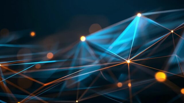 Abstract network connections with glowing nodes and lines on a dark background, representing technology and communication.