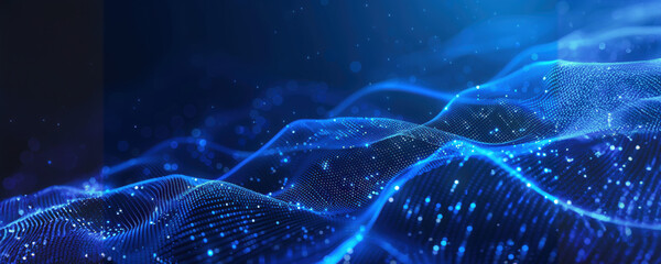 Abstract blue wavy digital background with glowing particles