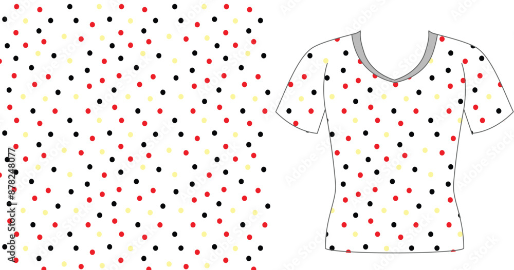 Poster a white t shirt with a pattern of small black red and yellow squares and a matching square pattern b