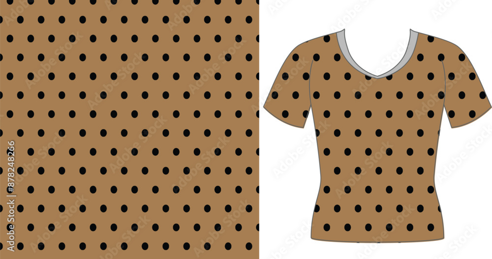 Poster a tan t shirt with a pattern of black polka dots and a matching background with the same pattern des