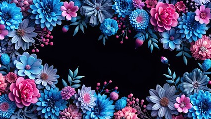 Abstract blue and pink flowers on black background seamless pattern, floral, abstract, seamless, repeatable, texture, blue