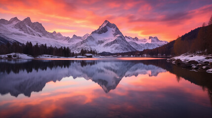 Snowy Mountain Twilight with Reflective Lake and Dramatic Sky