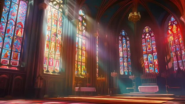 a church with stained glass windows and a light shining through the window panes on the floor and the walls and ceiling is dark and the light is shining