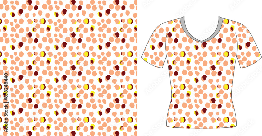 Poster a t shirt with a pattern of small brown tan and yellow circles next to the pattern by itself isolate
