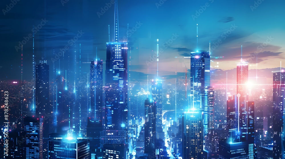 Poster a futuristic city skyline, where buildings glow with energy-efficient lighting and smart sensors adj