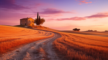 Obraz premium Golden Fields and a Country House at Dusk