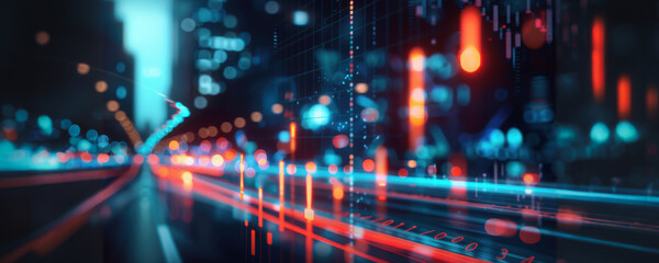 Fototapeta premium Abstract cityscape with blurry lights and streaks of color at night