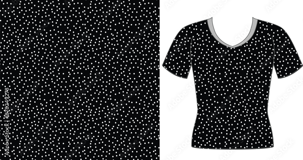 Poster black top with white polka dots and fabric swatch showing the polka dot pattern on a black backgroun