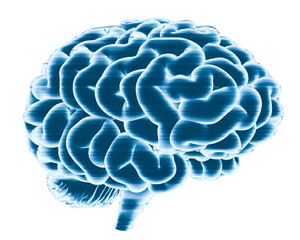 Isolated Blue Hologram of Brain, Side View, 3D Illustration