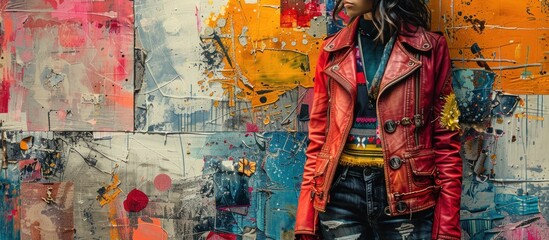 Woman in Red Leather Jacket Against Vibrant Painted Wall