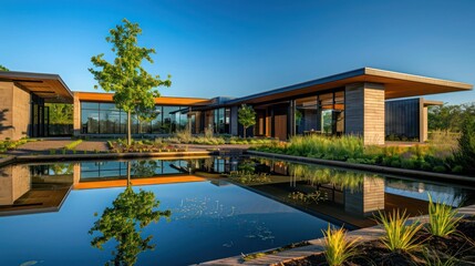 Fototapeta premium suburban farmhouse with a sleek modern design, featuring a reflective pond in the front yard under a clear blue sky