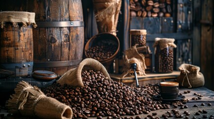 Rustic Coffee Beans and Sacks in Traditional Setting
