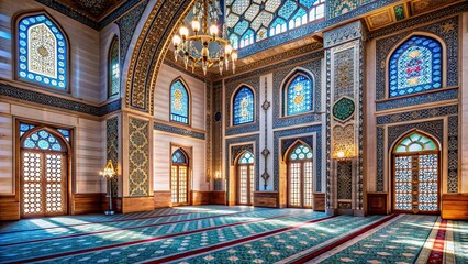 Obraz premium Mosque interior with intricate Islamic architecture and a room with a large window, mosque, interior