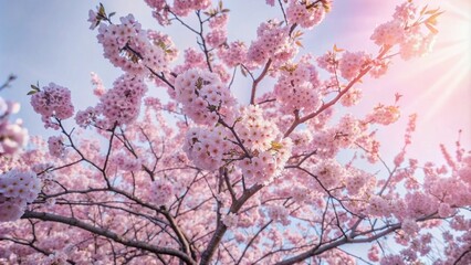 Obraz premium flowering cherry tree from below against blue sky, pink flower landscape during spring awakening