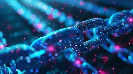 Abstract blue chain with glowing particles, symbolizing connection and technology.