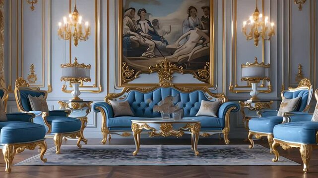 a luxurious blue and gold living room with a royal sofa set, wall patterns and golden decorations. French classic interior design