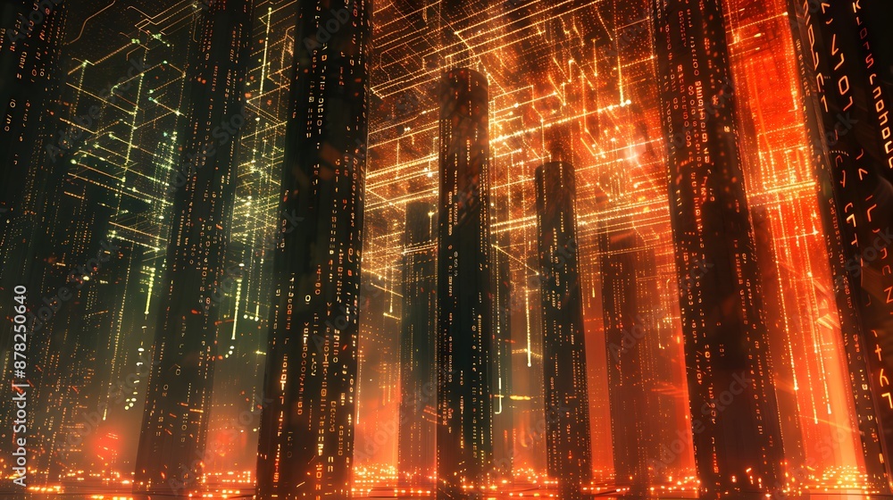 Poster a fortress of encryption surrounded by a sea of binary code, guarded by digital sentinels, ensuring 