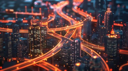 Fototapeta premium Aerial view of a futuristic city at night with glowing roads and buildings.