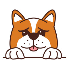 Cute puppy dachshund paws up over wall.Dog hanging on border.Outline vector illustration. Isolated on white background.