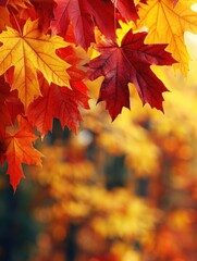 Fototapeta premium Autumn leaves in vibrant colors with a blurred background