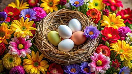 Close up of colorful flowers surrounded by a nest of eggs , vibrant, Easter, spring, fresh, blooming, festive
