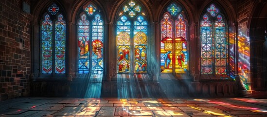 Obraz premium Stained Glass Windows Illuminating a Church Interior